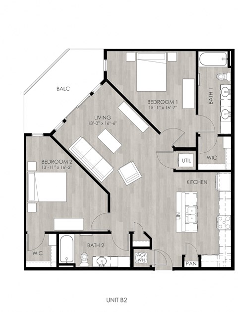 Floor plan for 2 beds, 2 baths, 1175 sqft